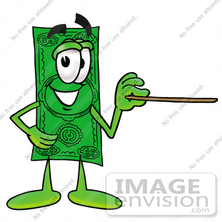 #24556 Clip Art Graphic of a Flat Green Dollar Bill Cartoon Character Holding a Pointer Stick by toons4biz