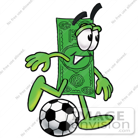 #24568 Clip Art Graphic of a Flat Green Dollar Bill Cartoon Character Kicking a Soccer Ball by toons4biz