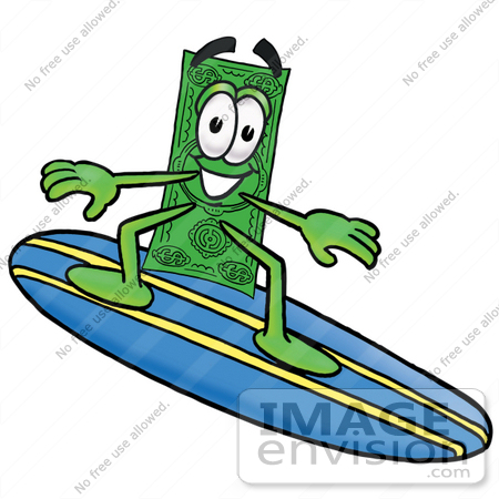 #24575 Clip Art Graphic of a Flat Green Dollar Bill Cartoon Character Surfing on a Blue and Yellow Surfboard by toons4biz