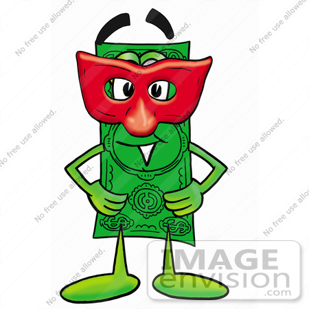 #24579 Clip Art Graphic of a Flat Green Dollar Bill Cartoon Character Wearing a Red Mask Over His Face by toons4biz