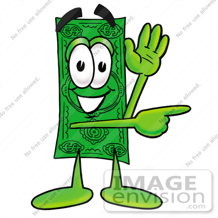 #24588 Clip Art Graphic of a Flat Green Dollar Bill Cartoon Character Waving and Pointing by toons4biz