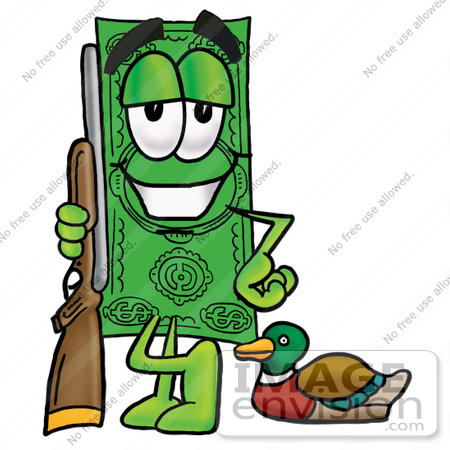 #24590 Clip Art Graphic of a Flat Green Dollar Bill Cartoon Character Duck Hunting, Standing With a Rifle and Duck by toons4biz