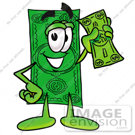 #24592 Clip Art Graphic of a Flat Green Dollar Bill Cartoon Character Holding a Dollar Bill by toons4biz