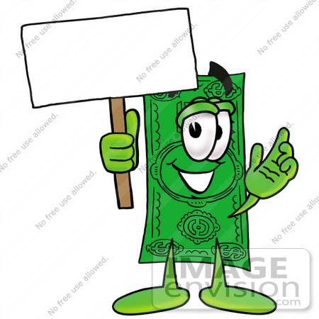 #24605 Clip Art Graphic of a Flat Green Dollar Bill Cartoon Character Holding a Blank Sign by toons4biz