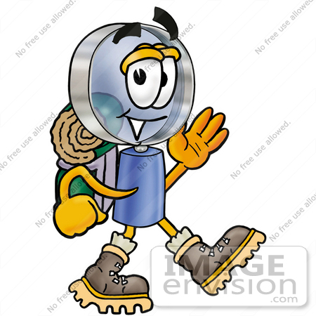 #24626 Clip Art Graphic of a Blue Handled Magnifying Glass Cartoon Character Hiking and Carrying a Backpack by toons4biz