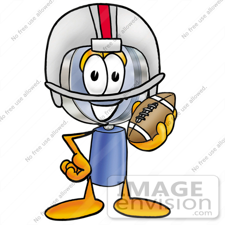 #24628 Clip Art Graphic of a Blue Handled Magnifying Glass Cartoon Character in a Helmet, Holding a Football by toons4biz