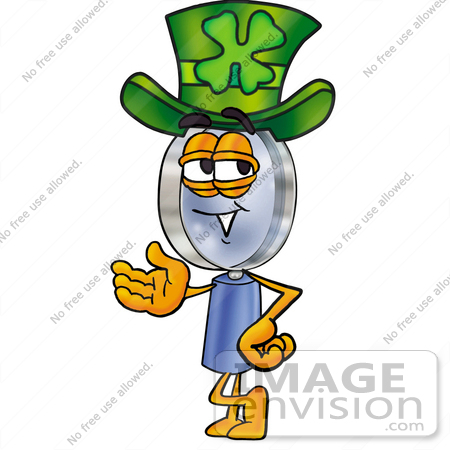 #24634 Clip Art Graphic of a Blue Handled Magnifying Glass Cartoon Character Wearing a Saint Patricks Day Hat With a Clover on it by toons4biz