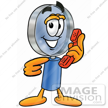 #24643 Clip Art Graphic of a Blue Handled Magnifying Glass Cartoon Character Holding a Telephone by toons4biz