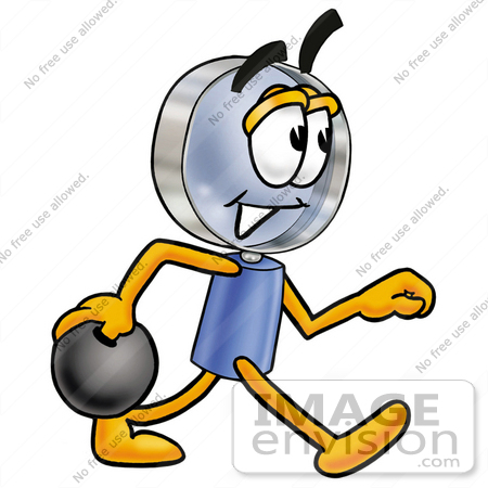 #24648 Clip Art Graphic of a Blue Handled Magnifying Glass Cartoon Character Holding a Bowling Ball by toons4biz