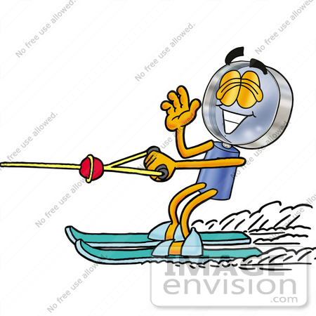 #24649 Clip Art Graphic of a Blue Handled Magnifying Glass Cartoon Character Waving While Water Skiing by toons4biz
