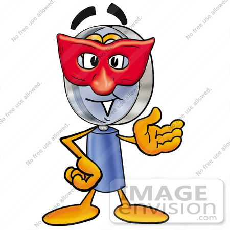#24654 Clip Art Graphic of a Blue Handled Magnifying Glass Cartoon Character Wearing a Red Mask Over His Face by toons4biz