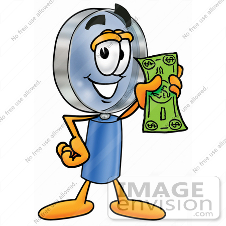 #24658 Clip Art Graphic of a Blue Handled Magnifying Glass Cartoon Character Holding a Dollar Bill by toons4biz