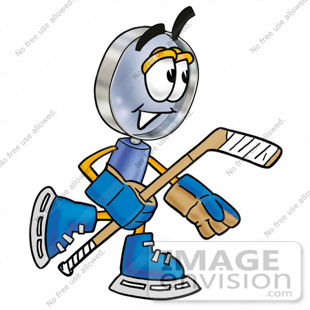 #24659 Clip Art Graphic of a Blue Handled Magnifying Glass Cartoon Character Playing Ice Hockey by toons4biz