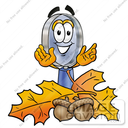 #24672 Clip Art Graphic of a Blue Handled Magnifying Glass Cartoon Character With Autumn Leaves and Acorns in the Fall by toons4biz