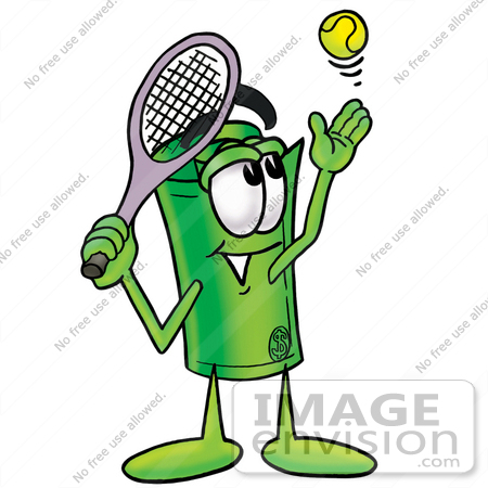 #24681 Clip Art Graphic of a Rolled Greenback Dollar Bill Banknote Cartoon Character Preparing to Hit a Tennis Ball by toons4biz