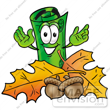 #24690 Clip Art Graphic of a Rolled Greenback Dollar Bill Banknote Cartoon Character With Autumn Leaves and Acorns in the Fall by toons4biz