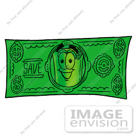 #24693 Clip Art Graphic of a Rolled Greenback Dollar Bill Banknote Cartoon Character on a Dollar Bill by toons4biz