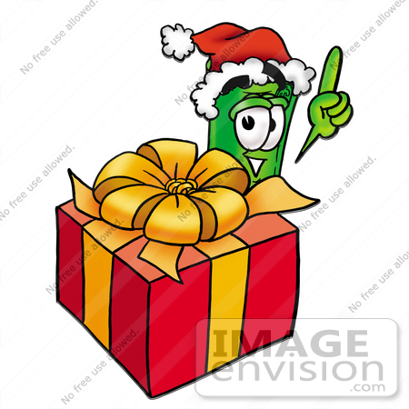 #24695 Clip Art Graphic of a Rolled Greenback Dollar Bill Banknote Cartoon Character Standing by a Christmas Present by toons4biz