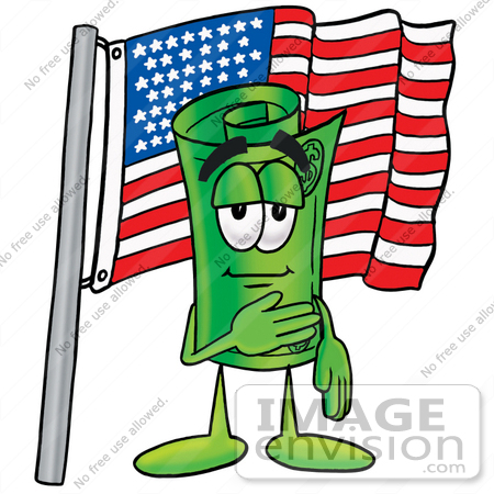 #24696 Clip Art Graphic of a Rolled Greenback Dollar Bill Banknote Cartoon Character Pledging Allegiance to an American Flag by toons4biz