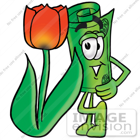 #24710 Clip Art Graphic of a Rolled Greenback Dollar Bill Banknote Cartoon Character With a Red Tulip Flower in the Spring by toons4biz
