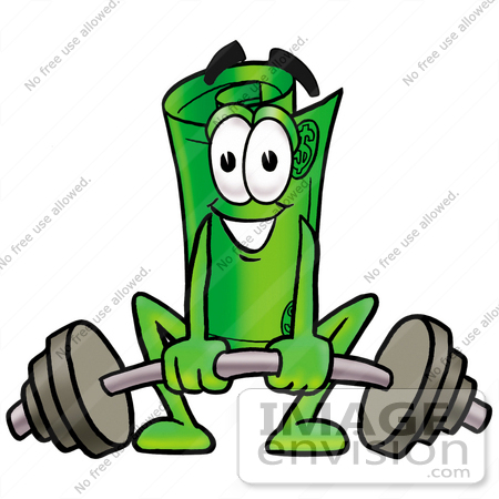 #24711 Clip Art Graphic of a Rolled Greenback Dollar Bill Banknote Cartoon Character Lifting a Heavy Barbell by toons4biz