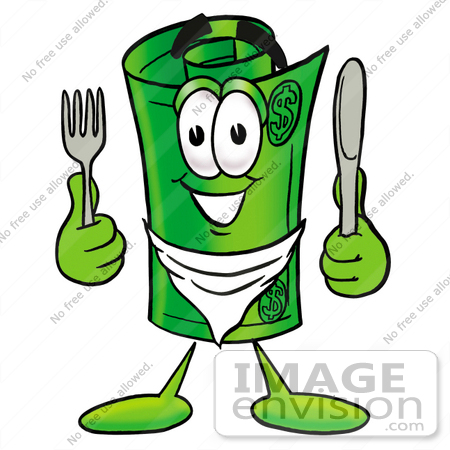 #24714 Clip Art Graphic of a Rolled Greenback Dollar Bill Banknote Cartoon Character Holding a Knife and Fork by toons4biz