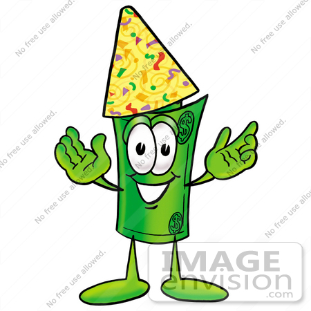 #24731 Clip Art Graphic of a Rolled Greenback Dollar Bill Banknote Cartoon Character Wearing a Birthday Party Hat by toons4biz