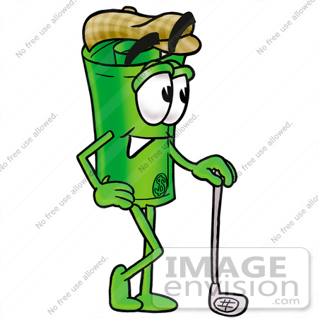 #24734 Clip Art Graphic of a Rolled Greenback Dollar Bill Banknote Cartoon Character Leaning on a Golf Club While Golfing by toons4biz