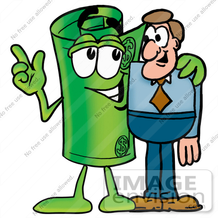 #24735 Clip Art Graphic of a Rolled Greenback Dollar Bill Banknote Cartoon Character Talking to a Business Man by toons4biz
