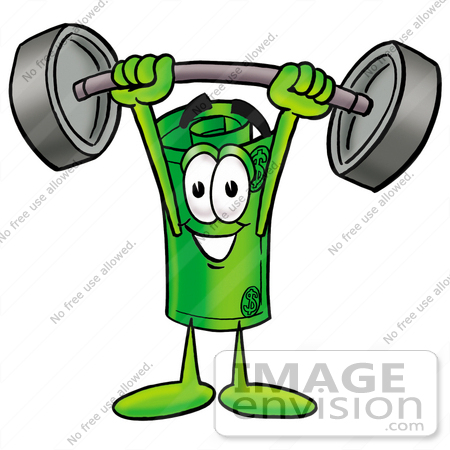 #24736 Clip Art Graphic of a Rolled Greenback Dollar Bill Banknote Cartoon Character Holding a Heavy Barbell Above His Head by toons4biz