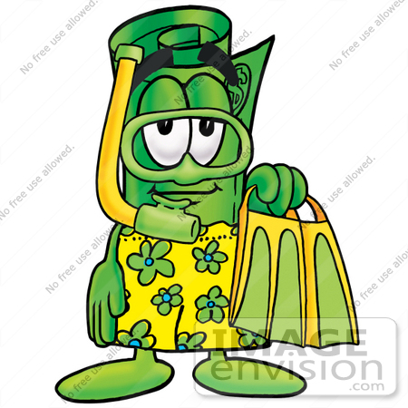 #24737 Clip Art Graphic of a Rolled Greenback Dollar Bill Banknote Cartoon Character in Green and Yellow Snorkel Gear by toons4biz