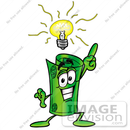 #24742 Clip Art Graphic of a Rolled Greenback Dollar Bill Banknote Cartoon Character With a Bright Idea by toons4biz