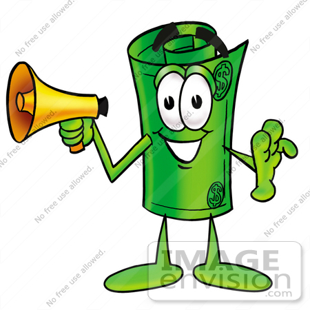 #24744 Clip Art Graphic of a Rolled Greenback Dollar Bill Banknote Cartoon Character Holding a Megaphone by toons4biz