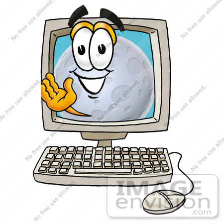 #24774 Clip Art Graphic of a Full Moon Cartoon Character Waving From Inside a Computer Screen by toons4biz