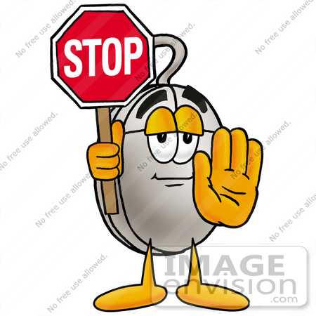 #24779 Clip Art Graphic of a Wired Computer Mouse Cartoon Character Holding a Stop Sign by toons4biz