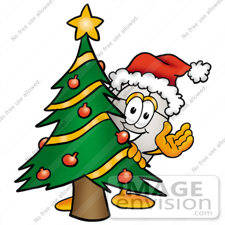 #24781 Clip Art Graphic of a Wired Computer Mouse Cartoon Character Waving and Standing by a Decorated Christmas Tree by toons4biz