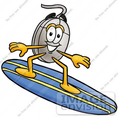 #24790 Clip Art Graphic of a Wired Computer Mouse Cartoon Character Surfing on a Blue and Yellow Surfboard by toons4biz