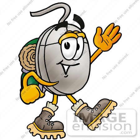 #24791 Clip Art Graphic of a Wired Computer Mouse Cartoon Character Hiking and Carrying a Backpack by toons4biz