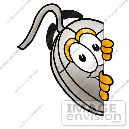 #24795 Clip Art Graphic of a Wired Computer Mouse Cartoon Character Peeking Around a Corner by toons4biz