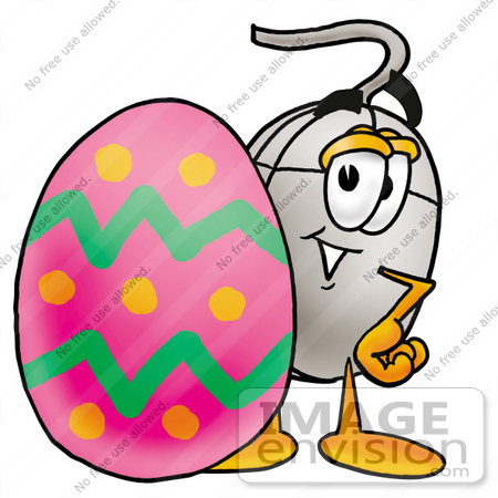 #24804 Clip Art Graphic of a Wired Computer Mouse Cartoon Character Standing Beside an Easter Egg by toons4biz