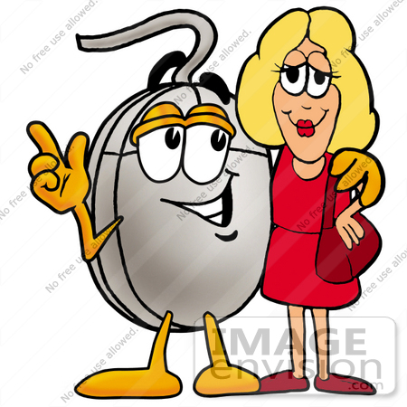 #24815 Clip Art Graphic of a Wired Computer Mouse Cartoon Character Talking to a Pretty Blond Woman by toons4biz