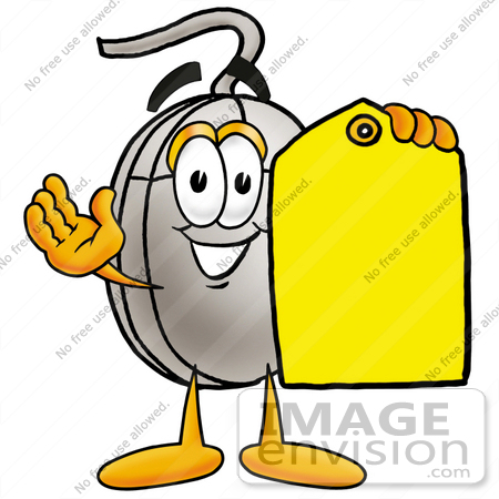 #24816 Clip Art Graphic of a Wired Computer Mouse Cartoon Character Holding a Yellow Sales Price Tag by toons4biz