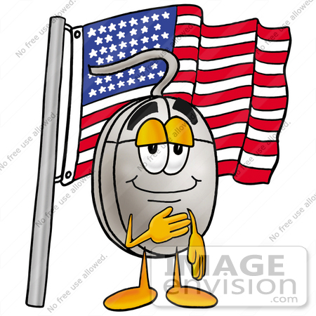 #24817 Clip Art Graphic of a Wired Computer Mouse Cartoon Character Pledging Allegiance to an American Flag by toons4biz
