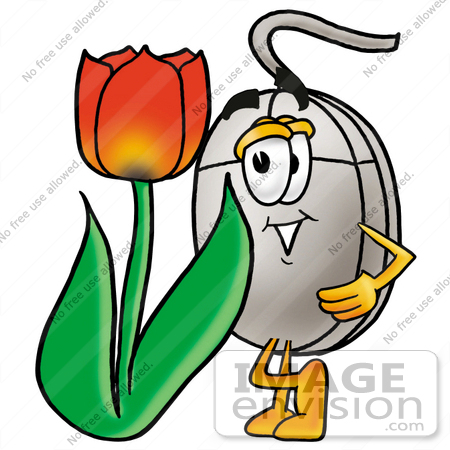 #24819 Clip Art Graphic of a Wired Computer Mouse Cartoon Character With a Red Tulip Flower in the Spring by toons4biz