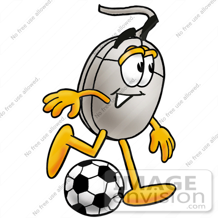 #24821 Clip Art Graphic of a Wired Computer Mouse Cartoon Character Kicking a Soccer Ball by toons4biz