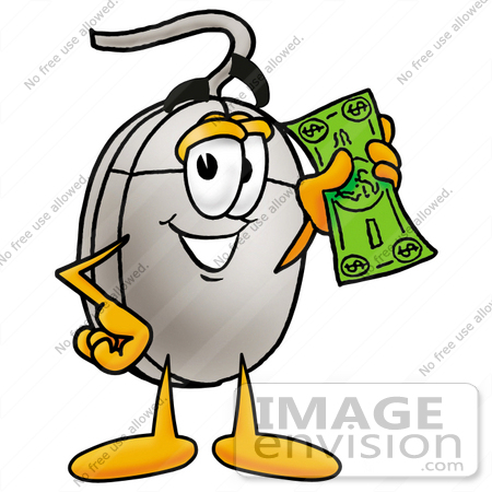 #24822 Clip Art Graphic of a Wired Computer Mouse Cartoon Character Holding a Dollar Bill by toons4biz
