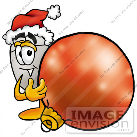 #24825 Clip Art Graphic of a Wired Computer Mouse Cartoon Character Wearing a Santa Hat, Standing With a Christmas Bauble by toons4biz