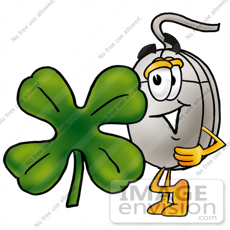 #24828 Clip Art Graphic of a Wired Computer Mouse Cartoon Character With a Green Four Leaf Clover on St Paddy’s or St Patricks Day by toons4biz