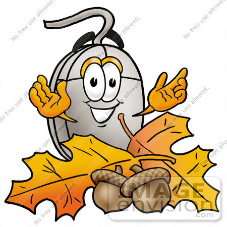 #24829 Clip Art Graphic of a Wired Computer Mouse Cartoon Character With Autumn Leaves and Acorns in the Fall by toons4biz