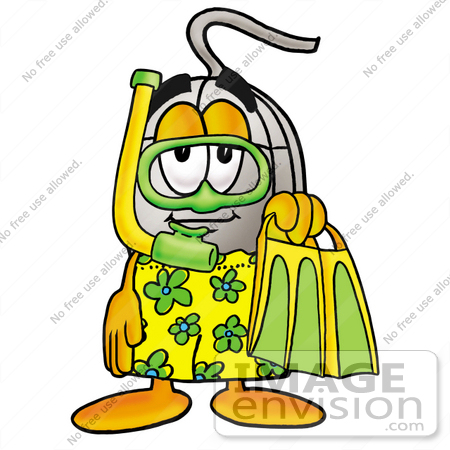 #24835 Clip Art Graphic of a Wired Computer Mouse Cartoon Character in Green and Yellow Snorkel Gear by toons4biz